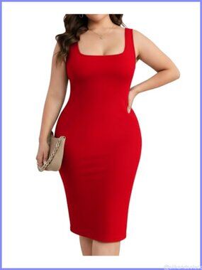 Plus Size Bodycon Midi Dress Ribbed Knit Sleeveless Square Neck